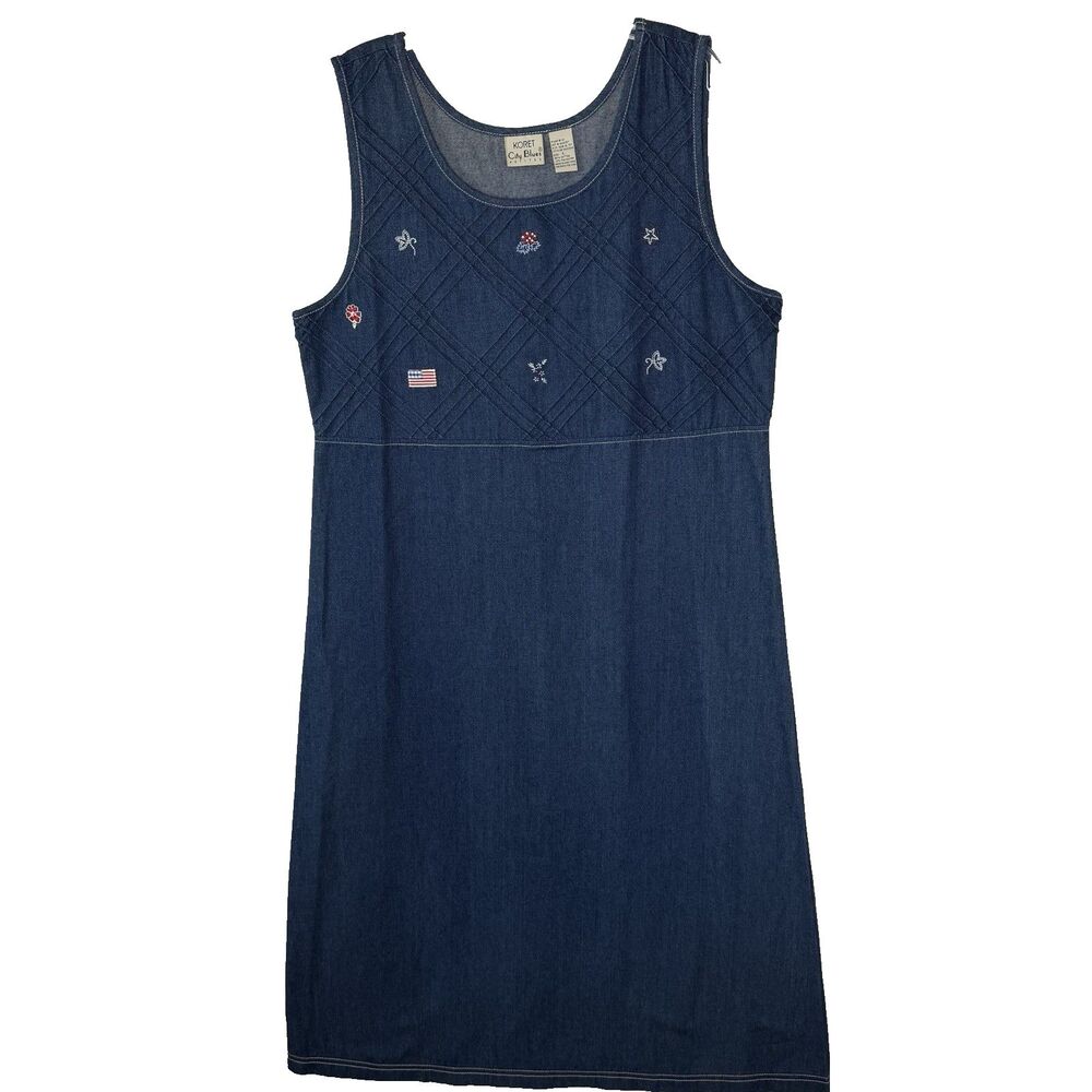 Vintage KORET City Blues Denim Jumper Dress Patriotic Embellishments PL Modest